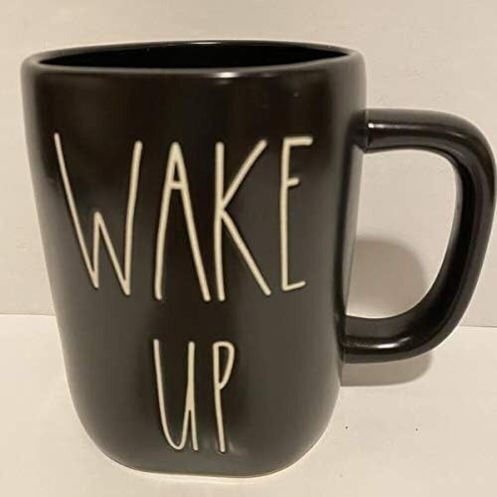 NEW Rae Dunn WAKE UP Coffee Mug Black Ceramic 16 OZ  Microwave safe